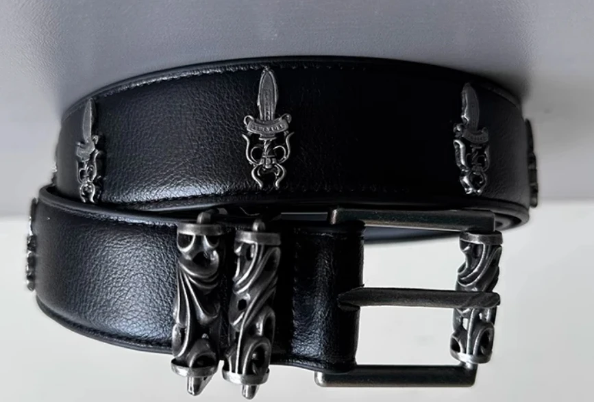 Genuine leather carved roller hollow punk light luxury waist belt and pants belt-Black [108cm]