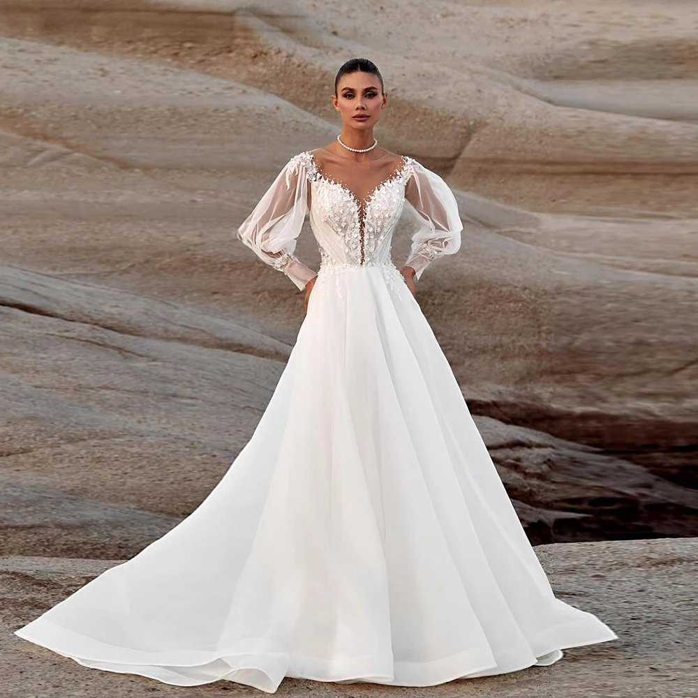 매력적인 브이넥 레이스 웨딩드레스 2025 A라인 여성용 긴팔 오간자 웨딩드레스 2025 여름
