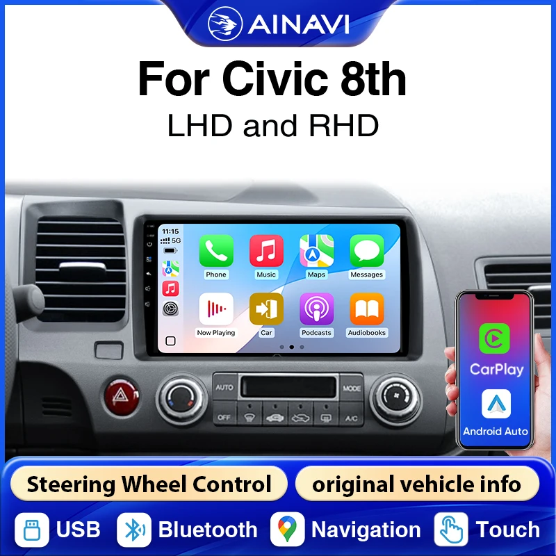 Radio para Auto AINAVI para Honda Civic 8ª Gen 2003-2020, Bluetooth, Carplay Inalámbrico, Android Auto, Pantalla Carplay para Auto, Sistema de Infoentretenimiento para Auto, BT, USB, 4G, FM, GPS, SWC, 9 Pulgadas
