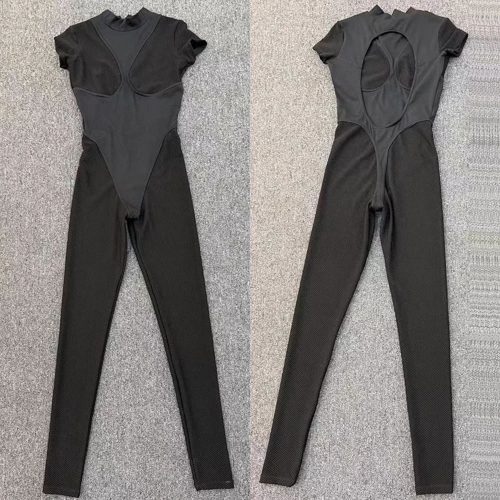 Sexy Mesh Jumpsuits for Woman 2026 Transparent Sports Overalls Women No Padding Rompers Patchwork Tracksuit Black XL Clothing