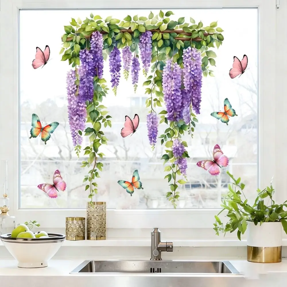 Static Cling Decorative Window Film Wisteria Butterfly Pattern Glass Decal Non Adhesive For Home Window Decoration