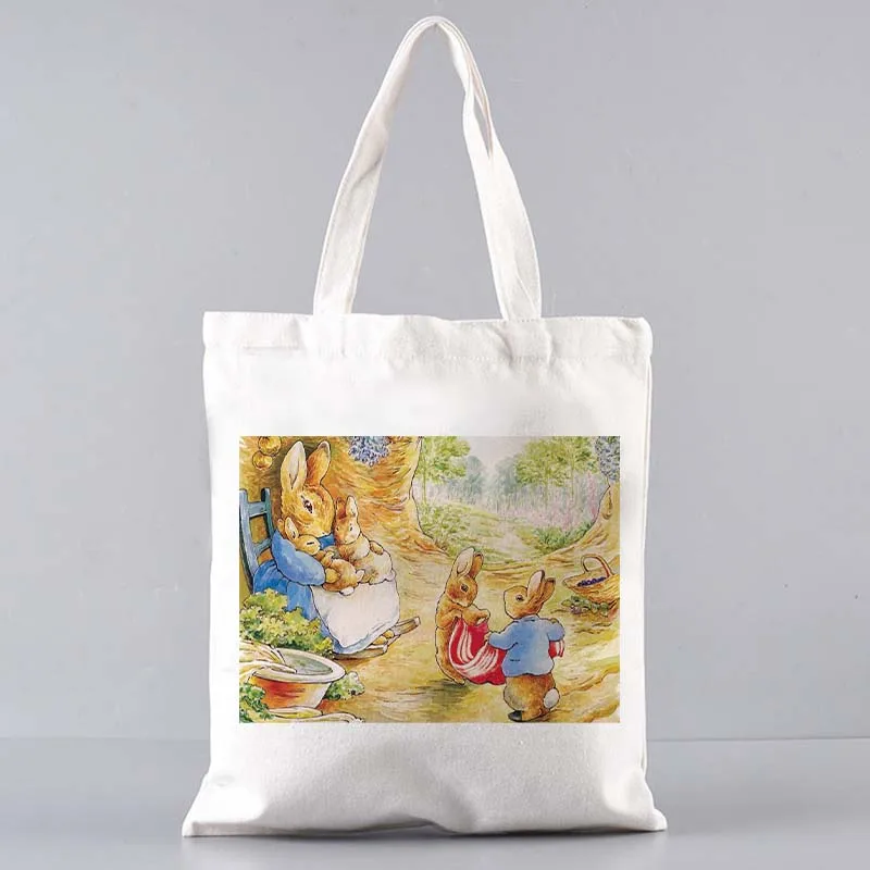 Peter Canvas Bag Rabbit Family Casual Tote Bag Reusable Shopping Bag Outdoor Beach Casual  Bag Supermarket Bag