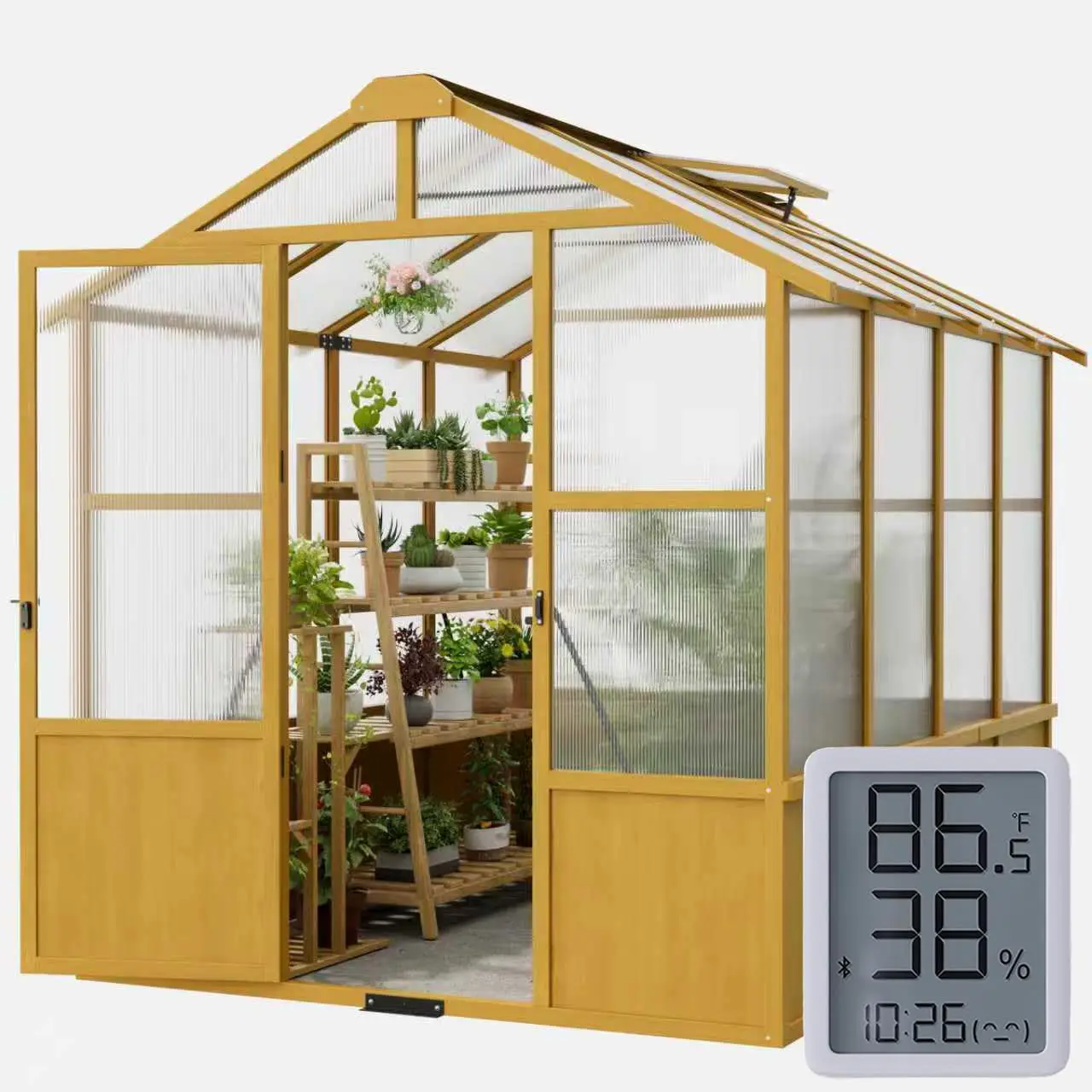 

6×8 FT Wooden Walk-in Greenhouse with Adjustable Roof, Heavy-Duty Solid Wood Frame, 6mm Polycarbonate Panels, UV, Customized