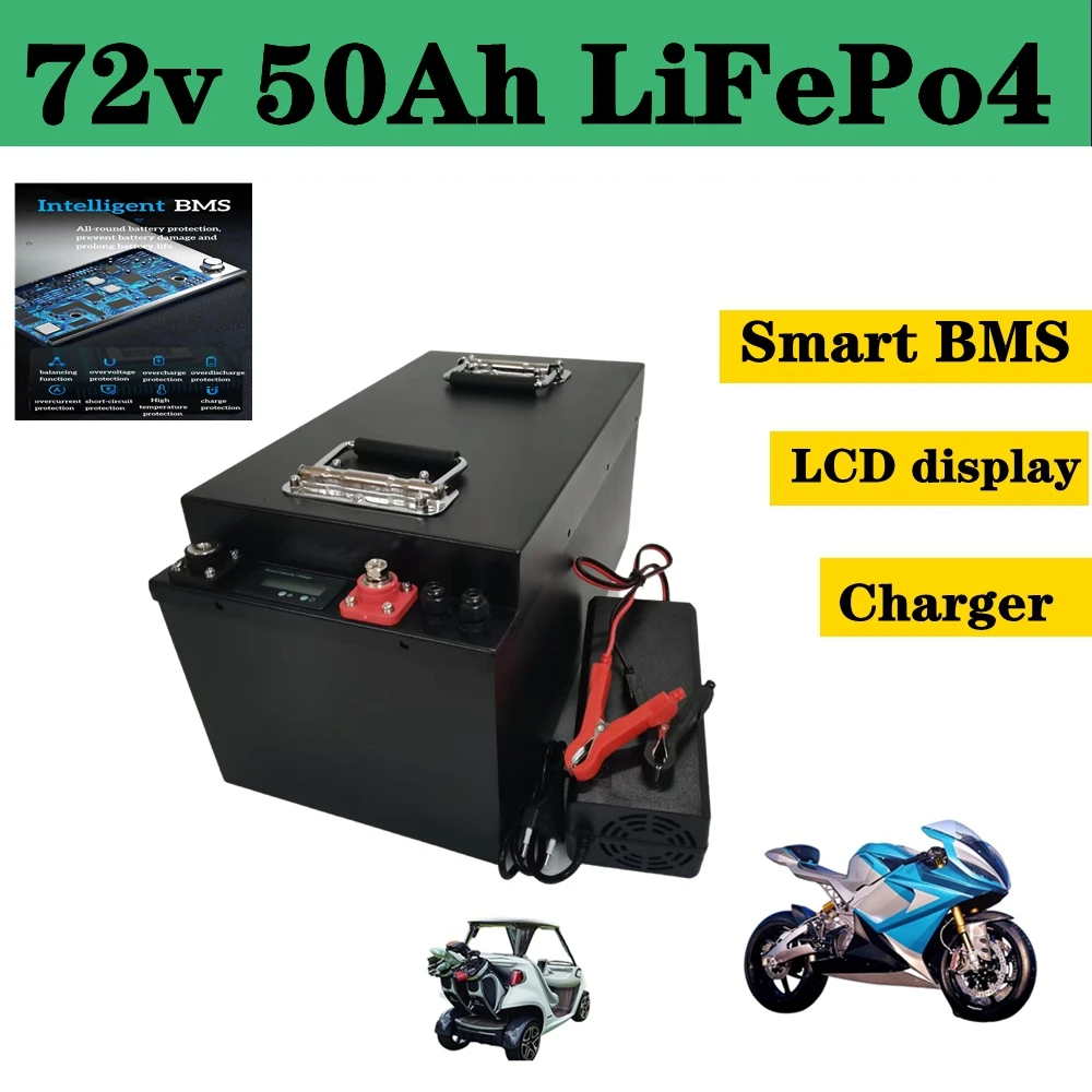 

Lithium lifepo4 battery pack 24S 72V 50Ah , LCD display, BMS 3000W 5000W 10KW for Scooer, electric motorcycle, + 87.6V10A charge
