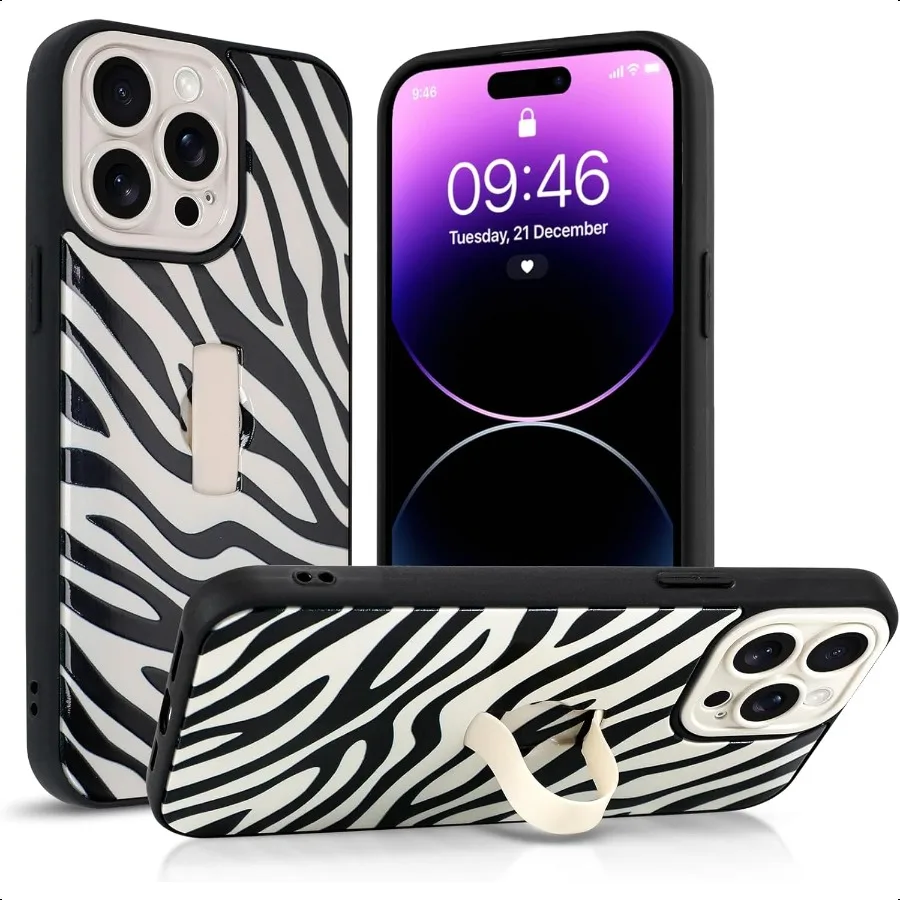 

for iPhone 14 Pro Max Zebra Pattern Phone Case with Finger Hand Strap Kickstand Trendy Cool for Women Men Full Camera Protectio
