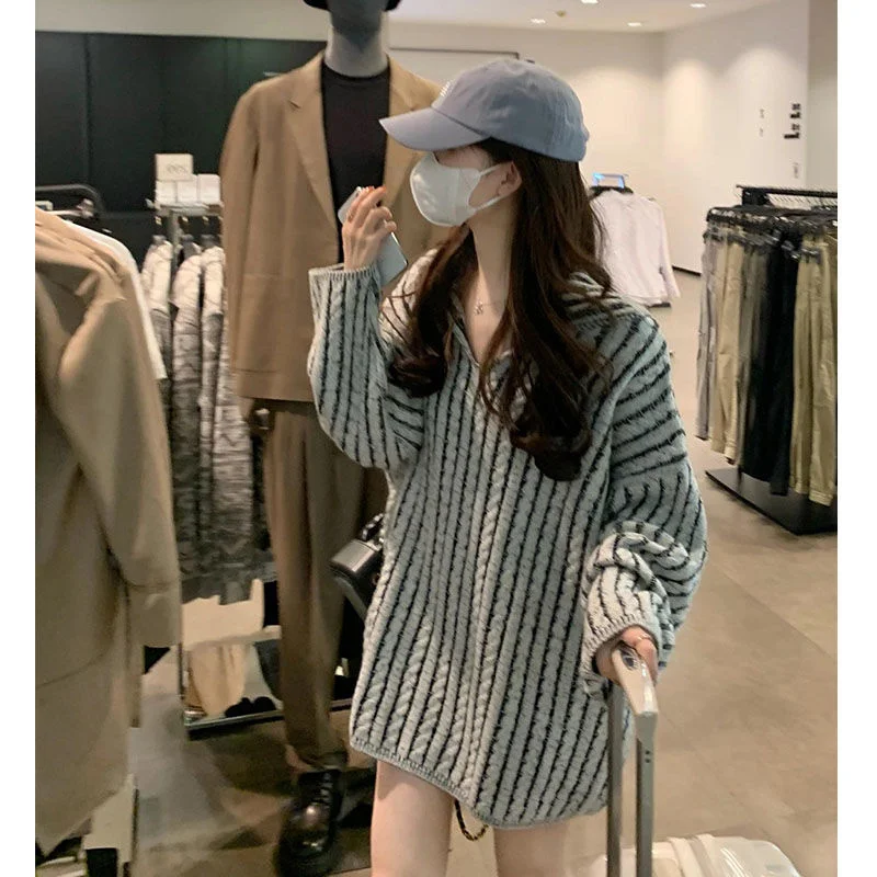 

Женский осенне-зимний комплект больших размеров: полосатый вязаный джемпер с V-образным вырезом, длинными рукавами, свободного кроя, утепленный, повседневный топ для полных женщин