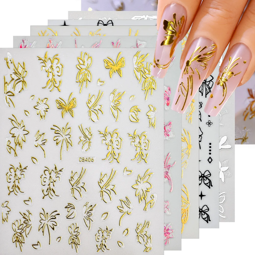 6pcs Bronzing Butterfly Flower Nail Art Stickers Decals 3D Self-Adhesive Nail Art Flower Leaf Luxury Sticker Nail Art Decoration