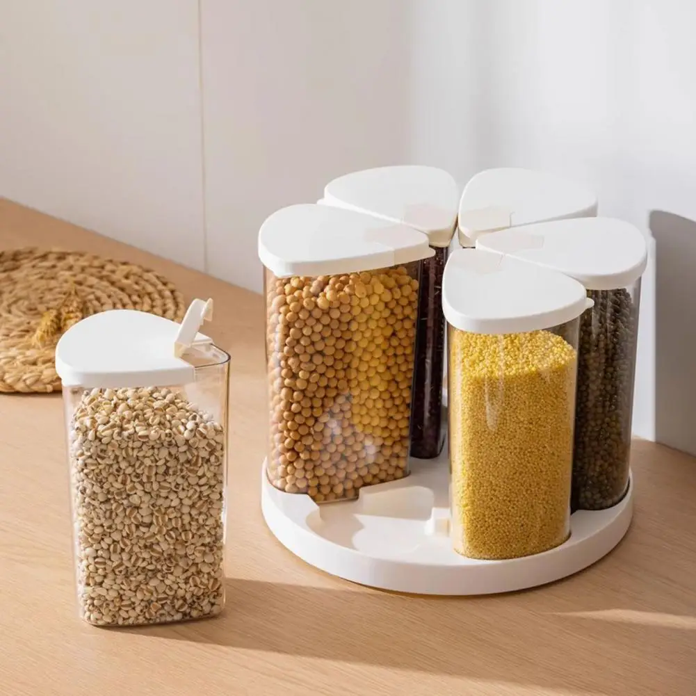Kitchen Pantry Organizer 360-degree Rotating Grain Dispenser with 6 Sealed Containers Dry Food Storage Bin for Rice Beans Pasta