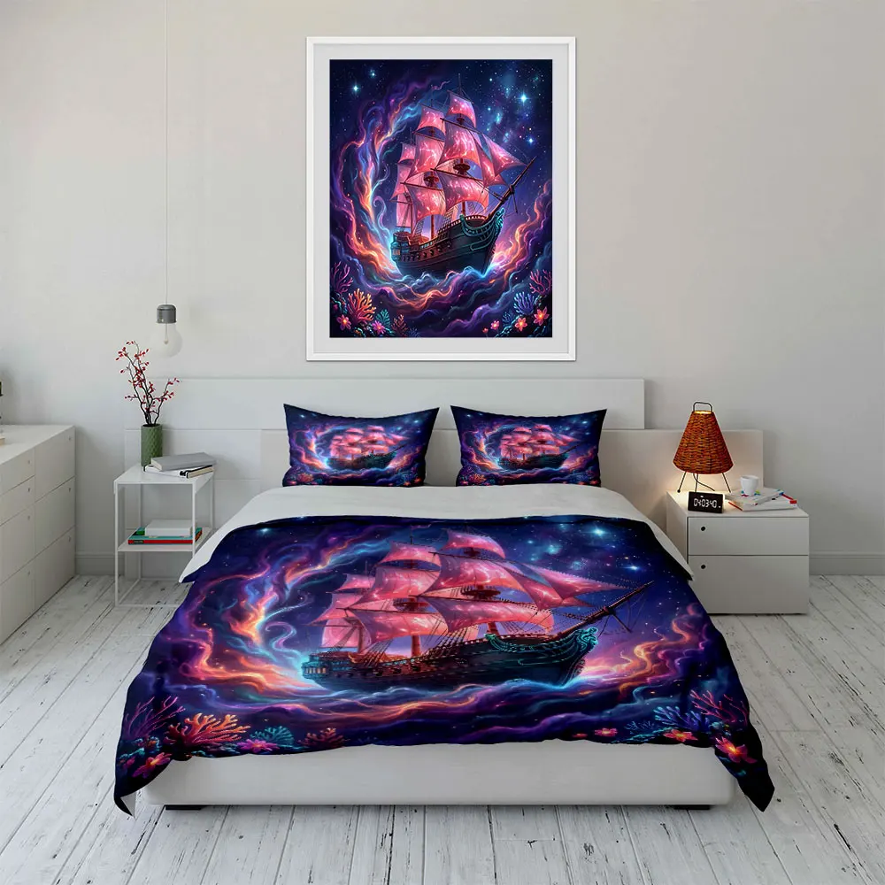 Dreamy Ship with Pink Sails Print Soft Comfortable Duvet Cover Bedding Set Included 1*Duvet Cover  2*Pillowcases