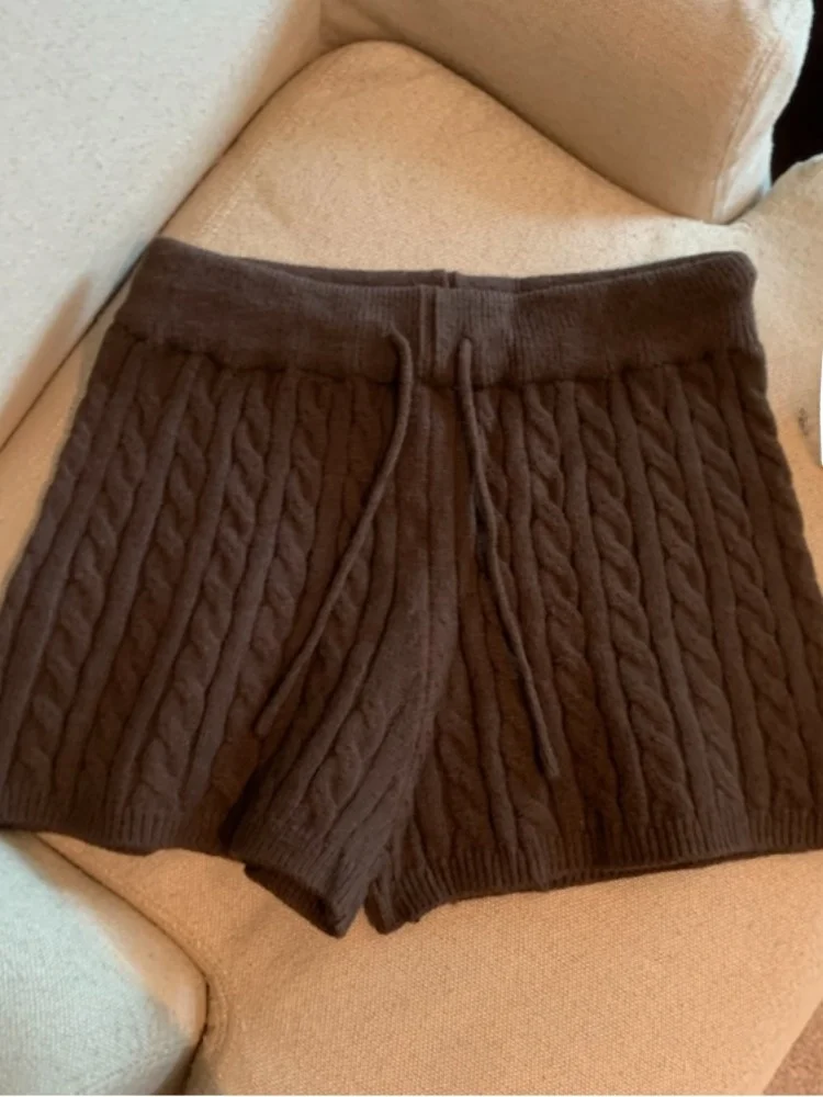 กางเกงไหมพรมถักสไตล์เกาหลีญี่ปุ่นย้อนยุคสำหรับผู้หญิง  ชุดลำลองฤดูใบไม้ร่วง เอวยางยืด  ด้ายบิดเกลียว  ทรงขาบาน  ช่วยให้ดูผอม