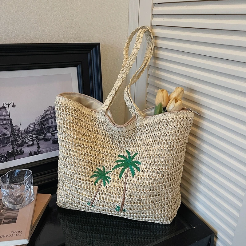 

Large-capacity Coconut Tree Embroidery Pattern Straw Bag 2026 Summer Country Style Hand-woven Beach Bag for Vacation Seaside