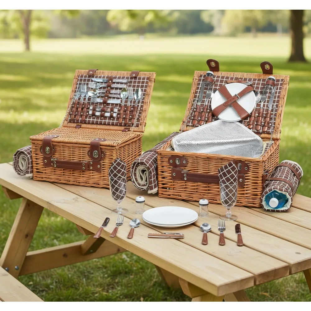 

Double Insulated Picnic Basket Set with Cooler Bag & Waterproof Blanket, Complete Cutlery for Couples Outdoor Camping Beach