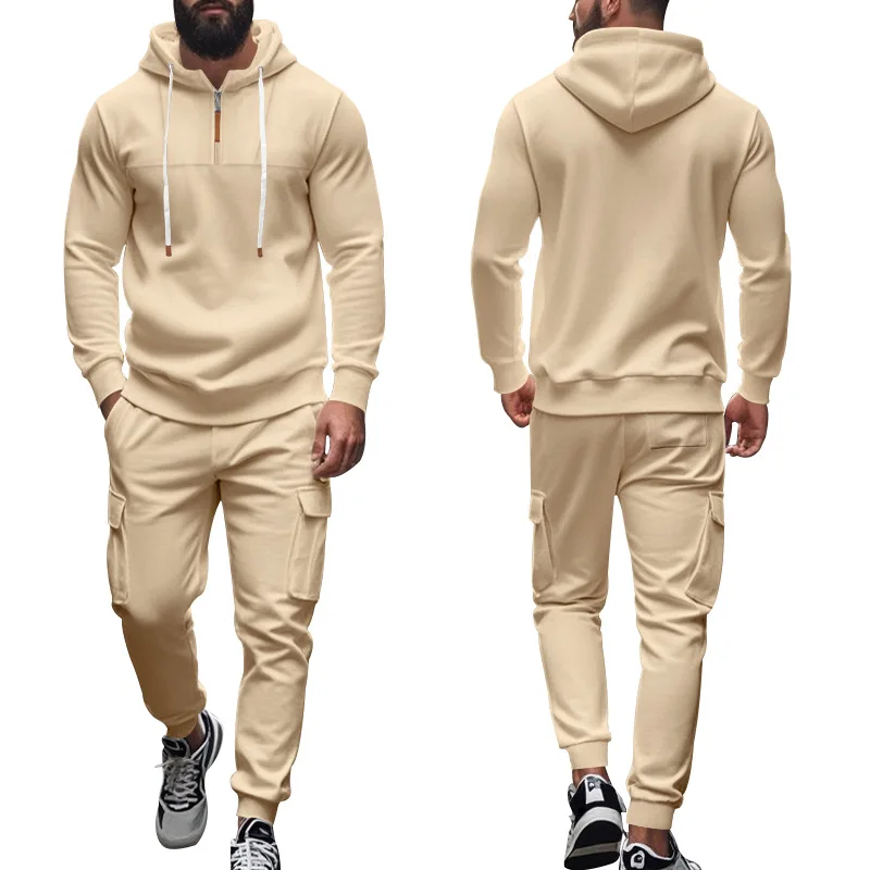 Mens Fleece Lined Hooded Tracksuit Set Long Sleeve Sweatshirt Joggers Cross-border Sportswear For Autumn Winter Casual Wear