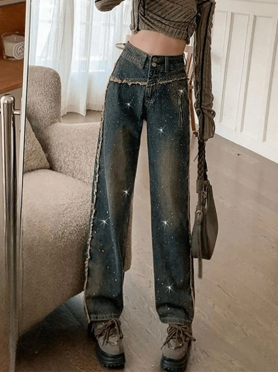 

Narrow Version Of Hot Diamond Denim Straight Wide-Leg Pants Women 2025 Spring Autumn New High-Waist Loose Slim Floor Trousers
