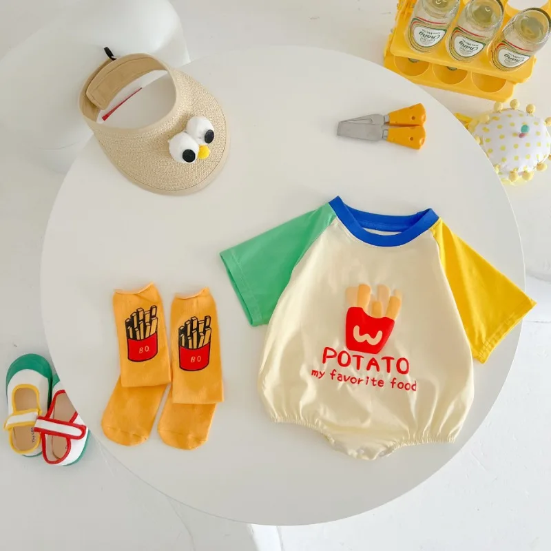 Korean Style of Loose and Trendy Baby Summer Bodysuit for 0-2 Years Old Cartoon French Fries Jumpsuit Socks Sunscreen Hat K243