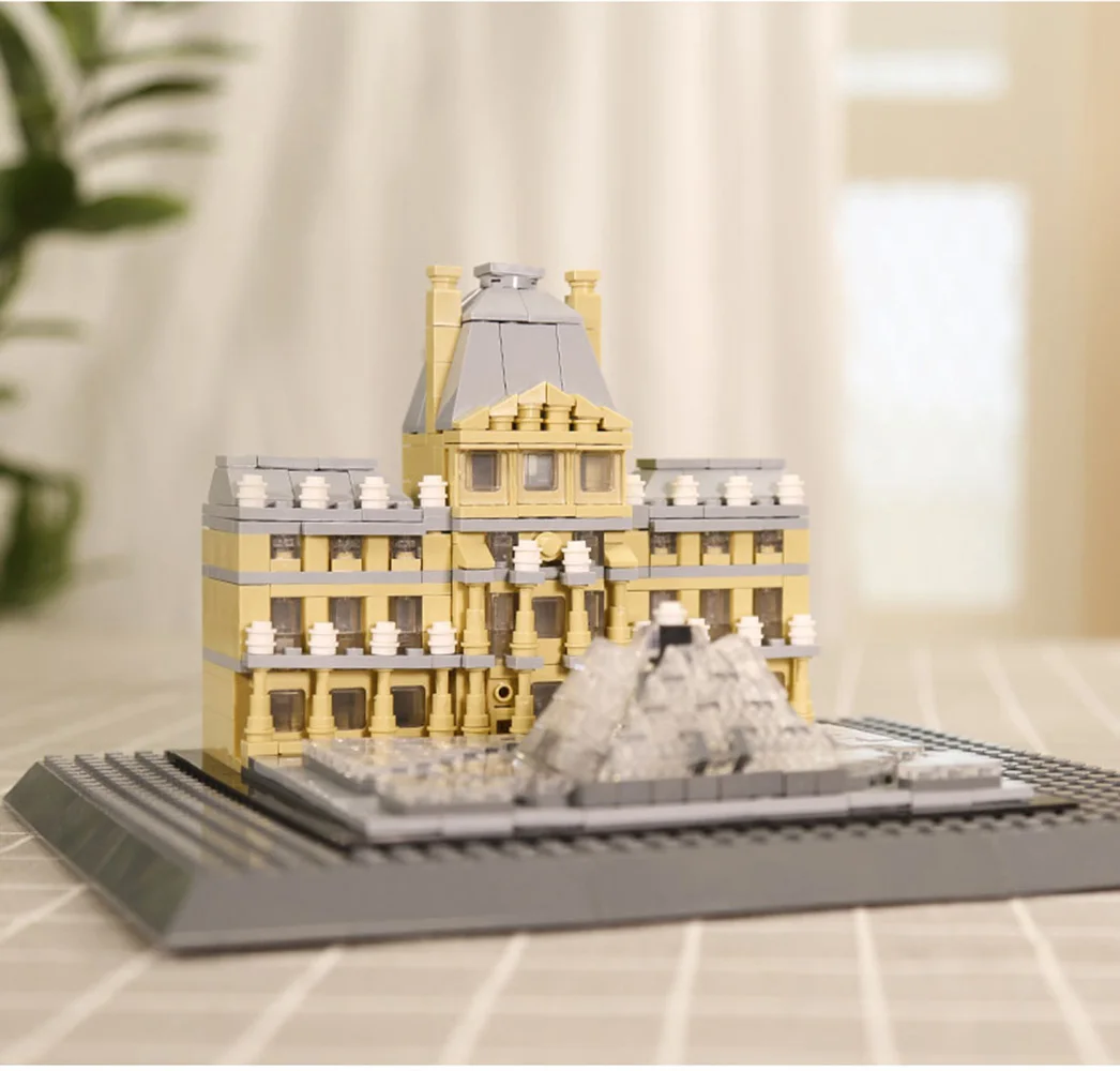 Słynna na całym świecie architektura artystyczna Francja Paryż Muzeum Historyczne Louvre Model z klocków konstrukcyjnych z cegiełek, zabawka edukacyjna