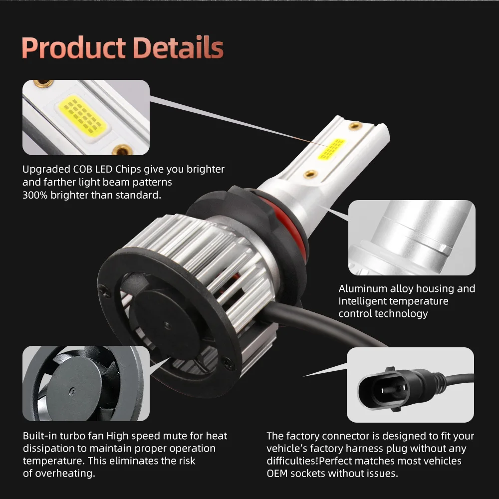 車のヘッドライト電球,LEDターボファン,300w,h7,h4,6000k,h1,h11,h13,9012, 9004, 9005, 9006, 9007, 12v 30000ルーメン、2個