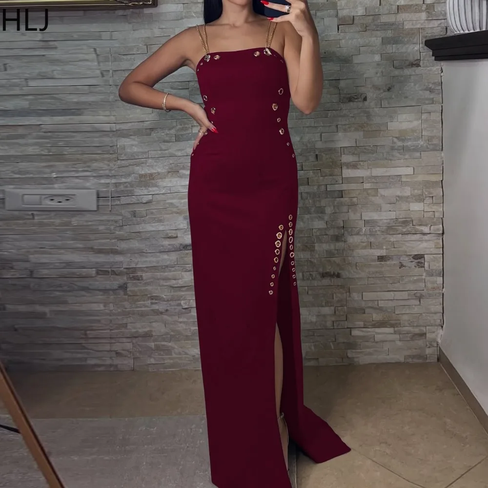 

HLJ Autumn New Sexy Bodycon Long Dresses Women Spaghetti Strap High Slit Sleeveless Backless Dress Female Streetwear Vestidos