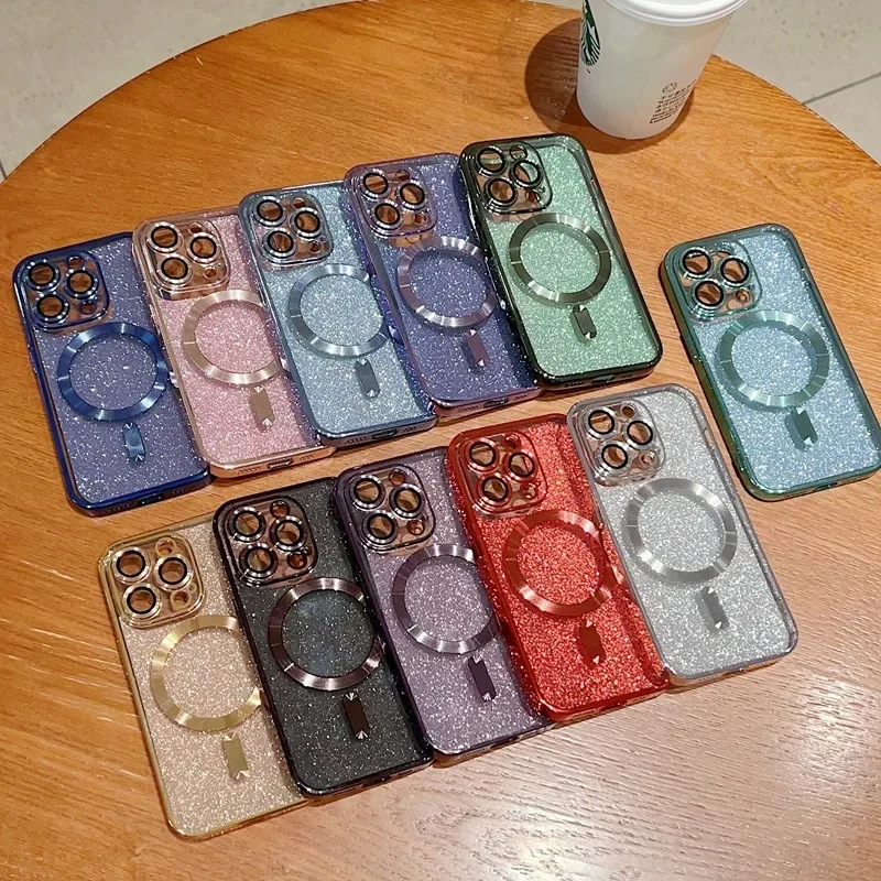 Luxury Electroplate Case for Magsafe For iPhone 16 15 14 Plus 13 12 11 Pro Max Soft Bumper Cover Wireless Charging Glitter Case