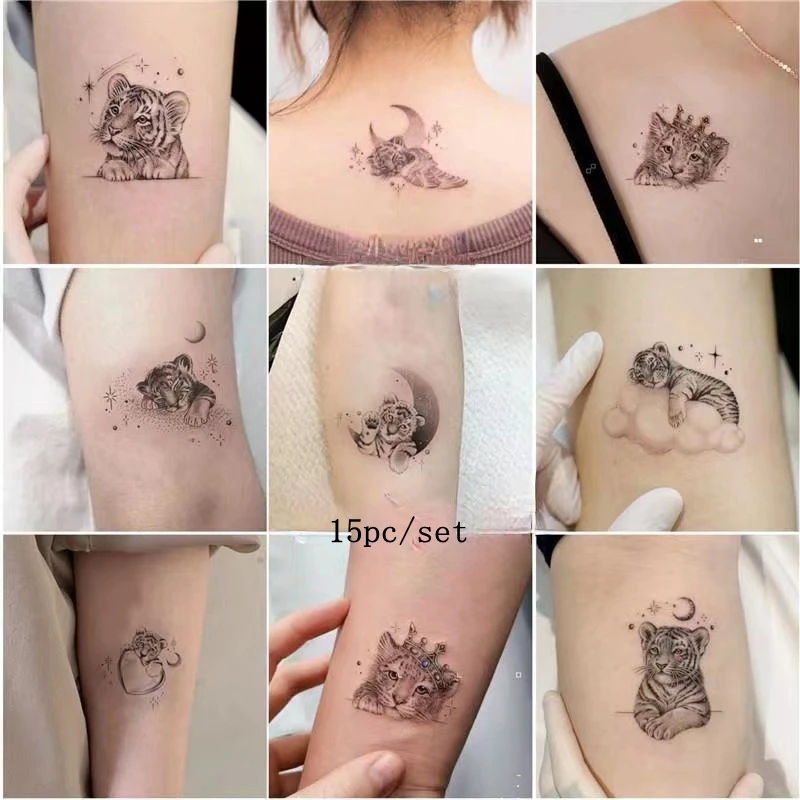 15pc/Set Small Tiger Tattoo Kits Stickers Cute Love Waterproof Animal Faux Tatouage Female Art Temporary Fake Tattoo Adesivos