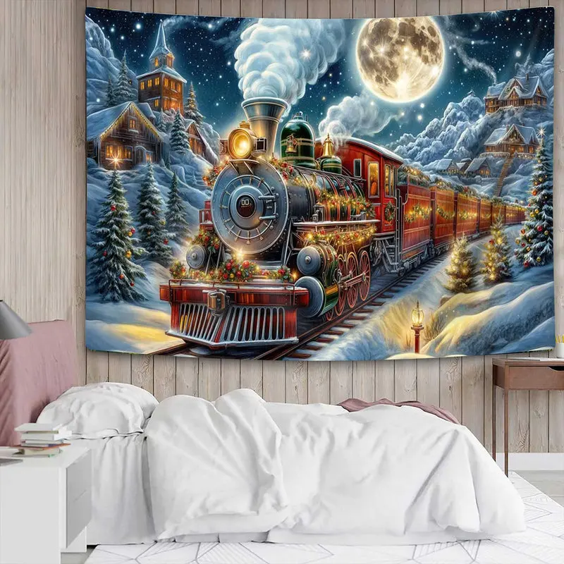 VIKAMA Vintage Christmas Train Tapestry Wall Hanging Steam Locomotive Snowy Village Moon Aesthetic Wall Art Living Room Decor