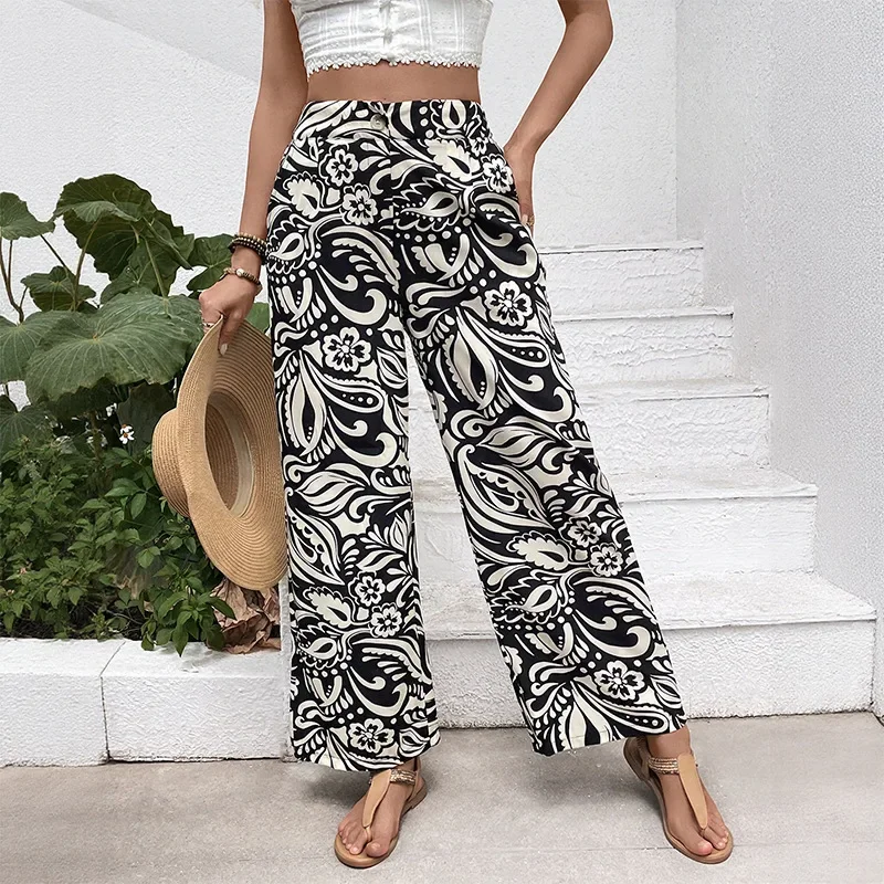 Pantalones de mujer Pantalones rectos y versátiles de cintura alta Pantalones con estampado artístico en novedad de verano finos