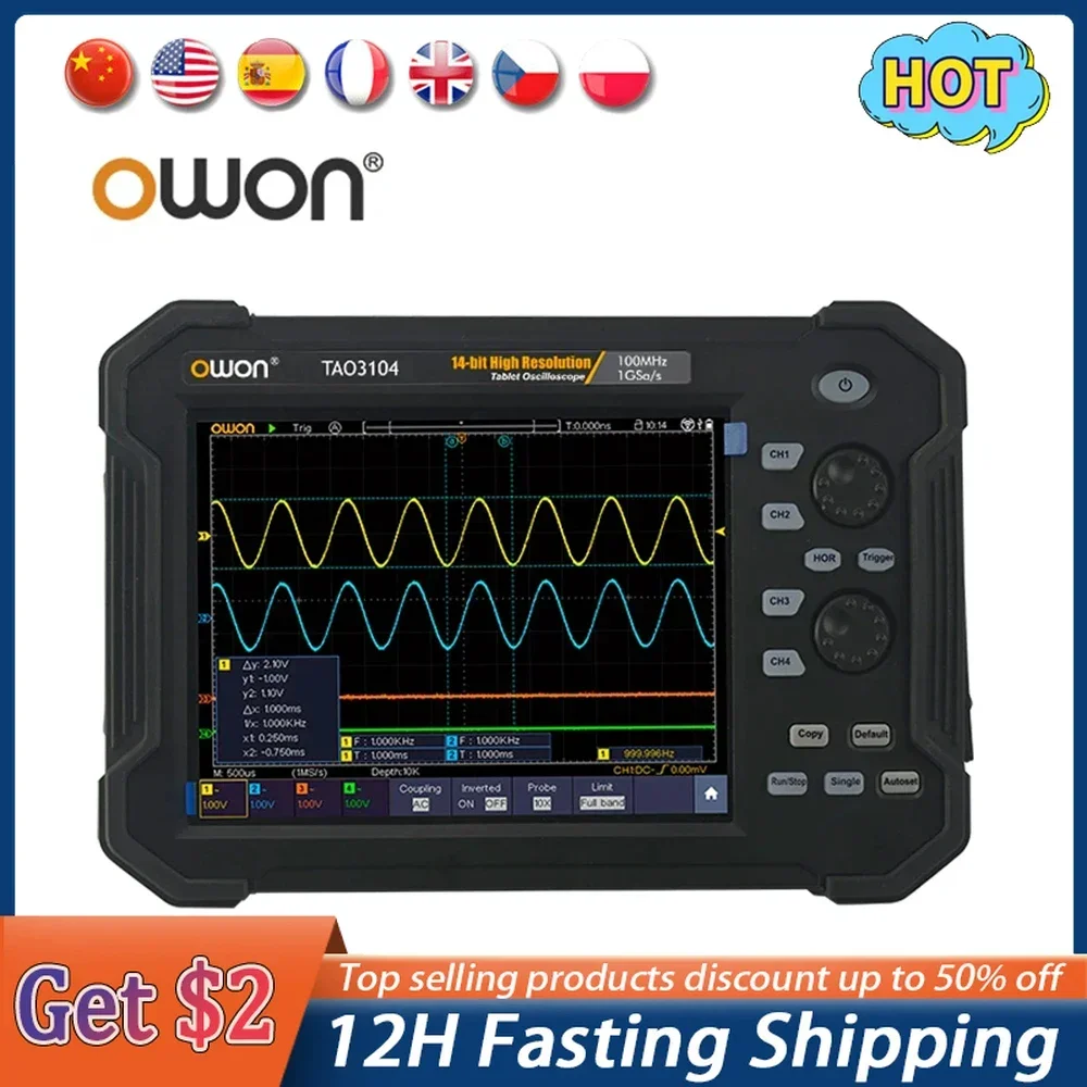 OWON TAO3074 TAO3104 Handheld Digital Oscilloscope 4CH 100MHz 1GS/s 14bits 40M Record Length Multi-trigger Bus Decoding Function