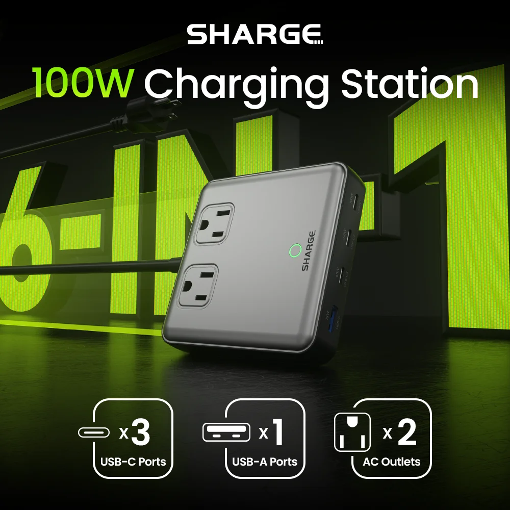 SHARGE 6-in-1 Travel Power Strip 2 Outlets 3 USB 100W Portable Desktop Charging Station Extension Cord 5ft for MacBook iPhone 15