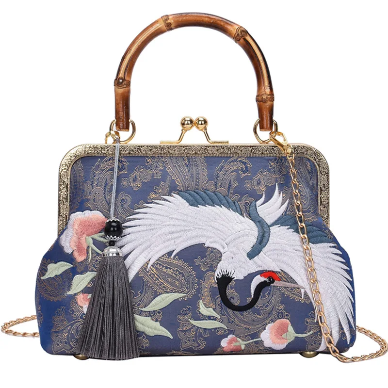 

Luxury Vintage Women Handbag Chinese Embroidery Shoulder Crossbody Bag Bamboo Crane Silk Lock Shell Bags Party Gift