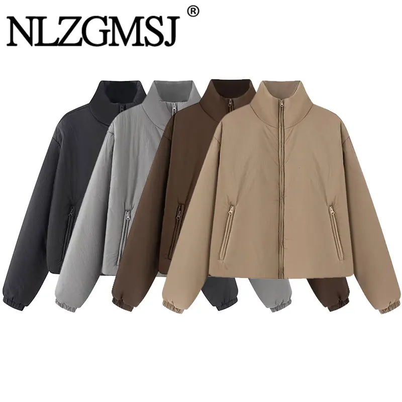 Nlzgmsj 2026 Stand Collar Zip Front Cropped Puffer Coat Women Loose Long Sleeve Warm Daily Casual Winter Autumn Jacket