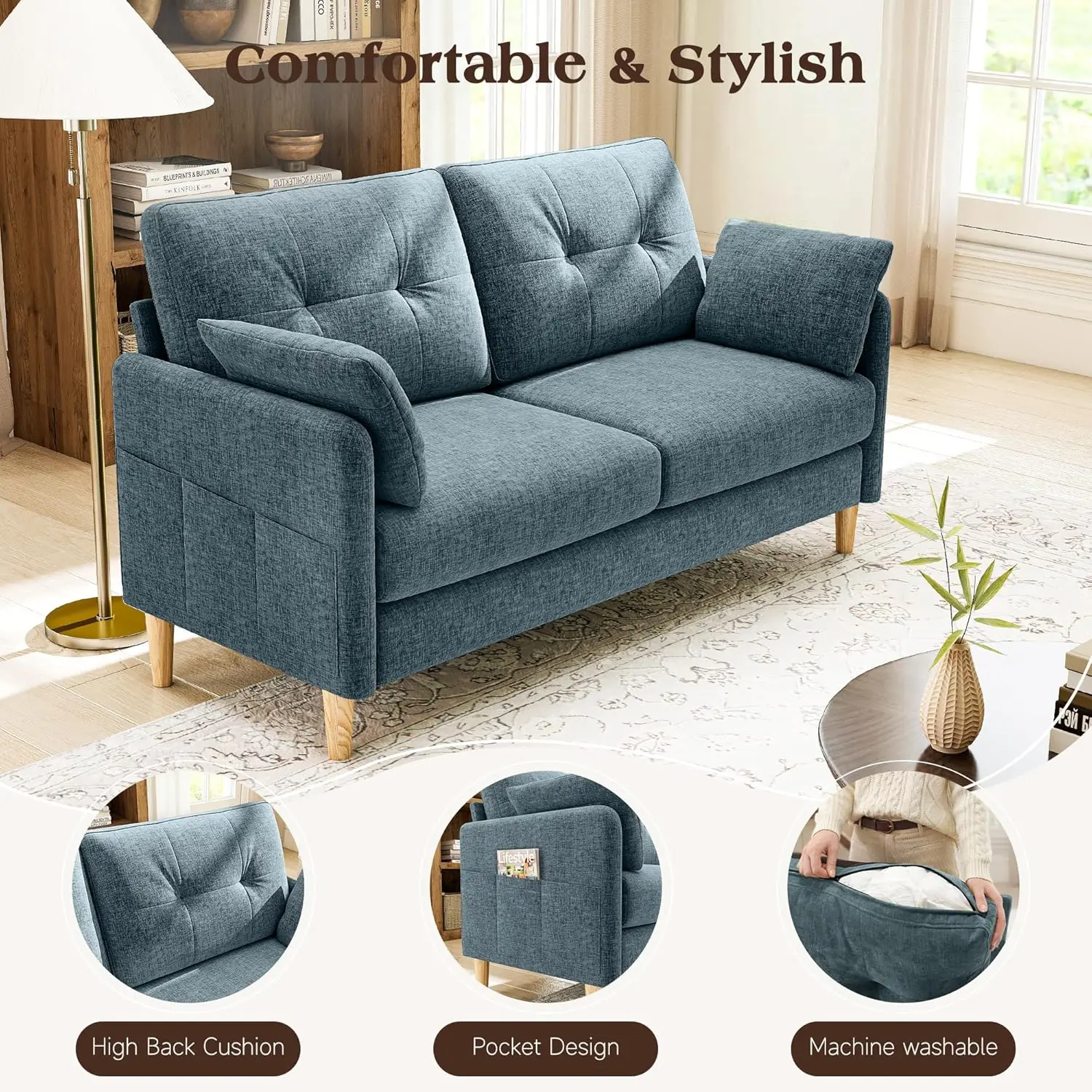 Sofá Pequeno de 64,6 Polegadas em Chenille com Capa Removível e Almofada, Personalizado para Sala de Estar, Quarto e Escritório