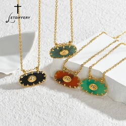 Letdiffery Colorful Oval Arylic Pendant Necklace for Women Stainless Steel French Retro Clavicular Chain Choker Jewelry Gifts