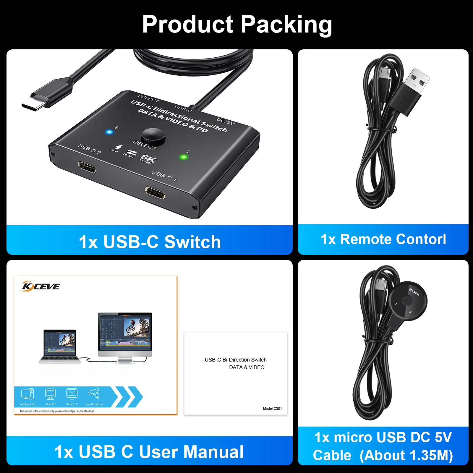 USB C Switch,Bi-Directional USB Type C KVM Switcher,8K Video/10Gbps Data Transfer/100W Charging,Compatible with Thunderbolt