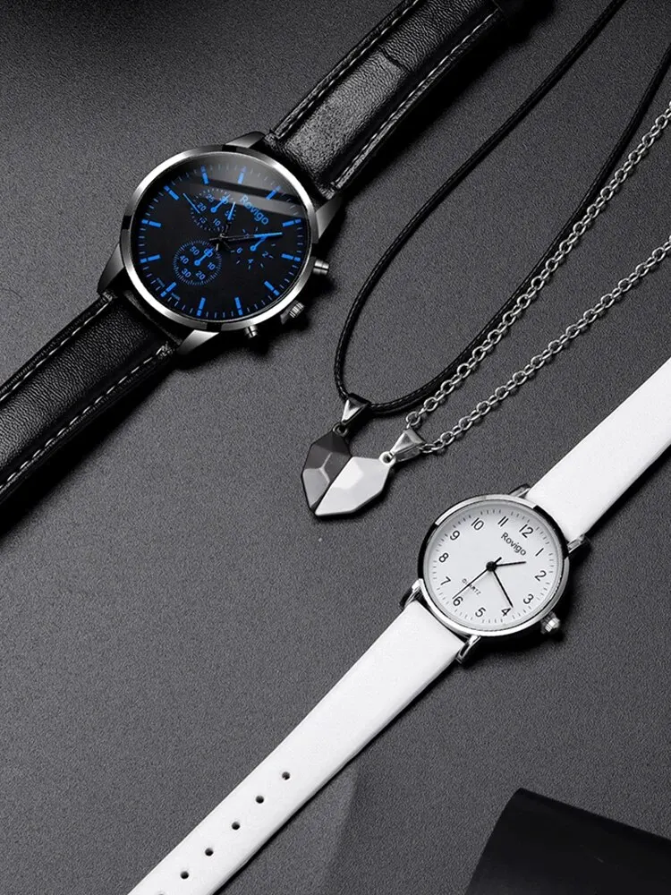 4pcs Fashion Versatile Creative Personalized Men and Women Couple Watch Quartz Watch with Love Pendant Necklace Combination Set