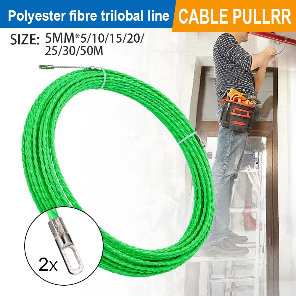 5MM Fiberglass Fish Tape Cable Puller 5-50M Green Wall Conduit Wire Pulling Threading Tool  For Electrical Wiring Installation