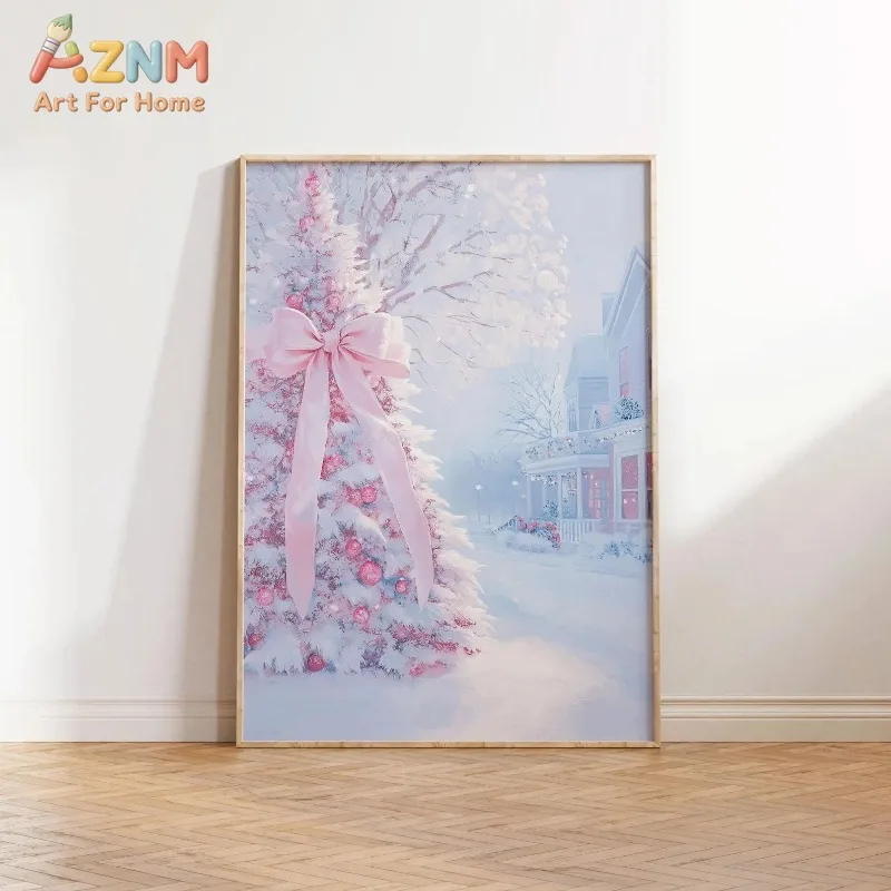 Pink Snow Christmas Tree Big Bow Winter Cottage Canvas Poster Prints Frameless Wall Art Soft Girly Festive Holiday Home Decor