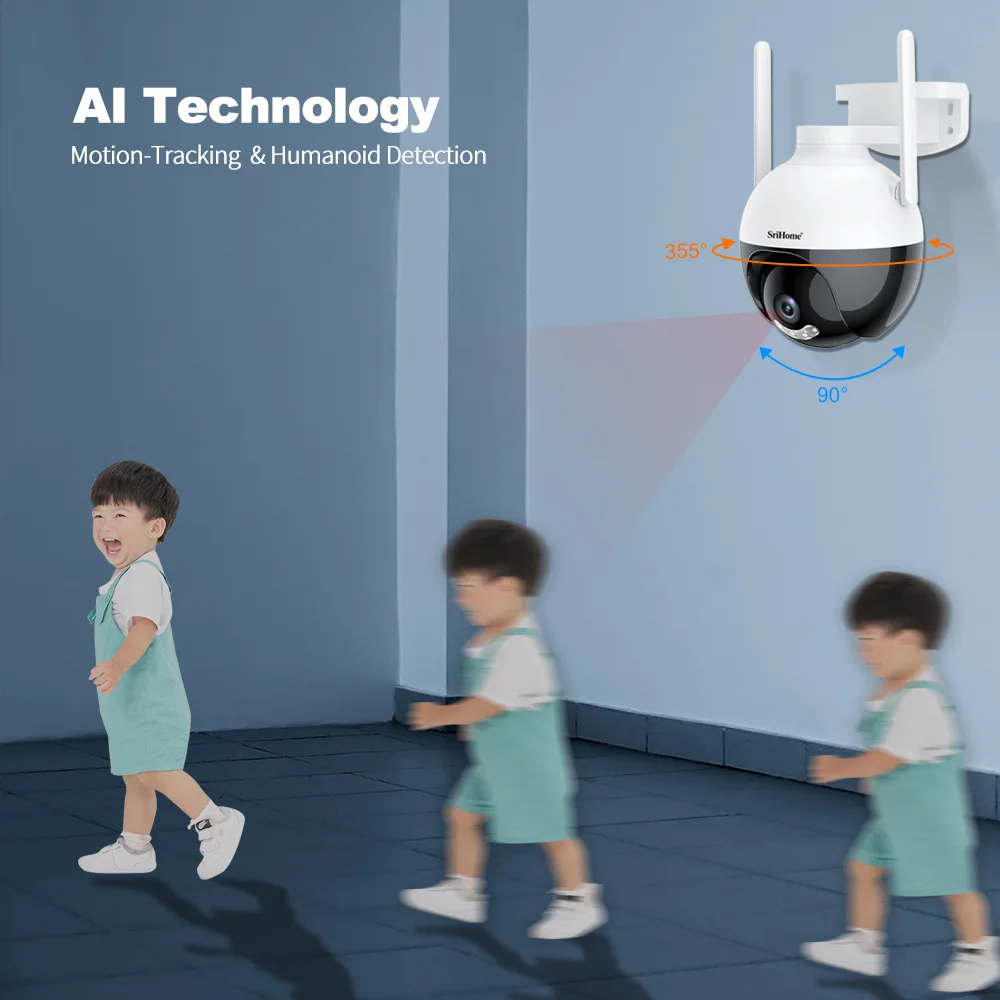 Srihome 야외 와이파이 카메라 감시 야간 투시경, 풀 컬러 AI 인간 추적, 3X 디지털 줌 비디오 보안 모니터, SH045