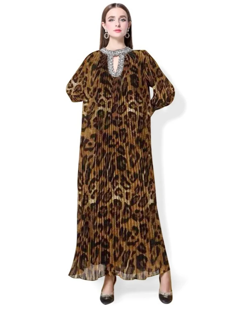 

SMTHMA New Fashion Printed Long Dress Women's Leopard Luxury Diamond O-Neck Full Sleeve Vestidos Female Robe Oversize