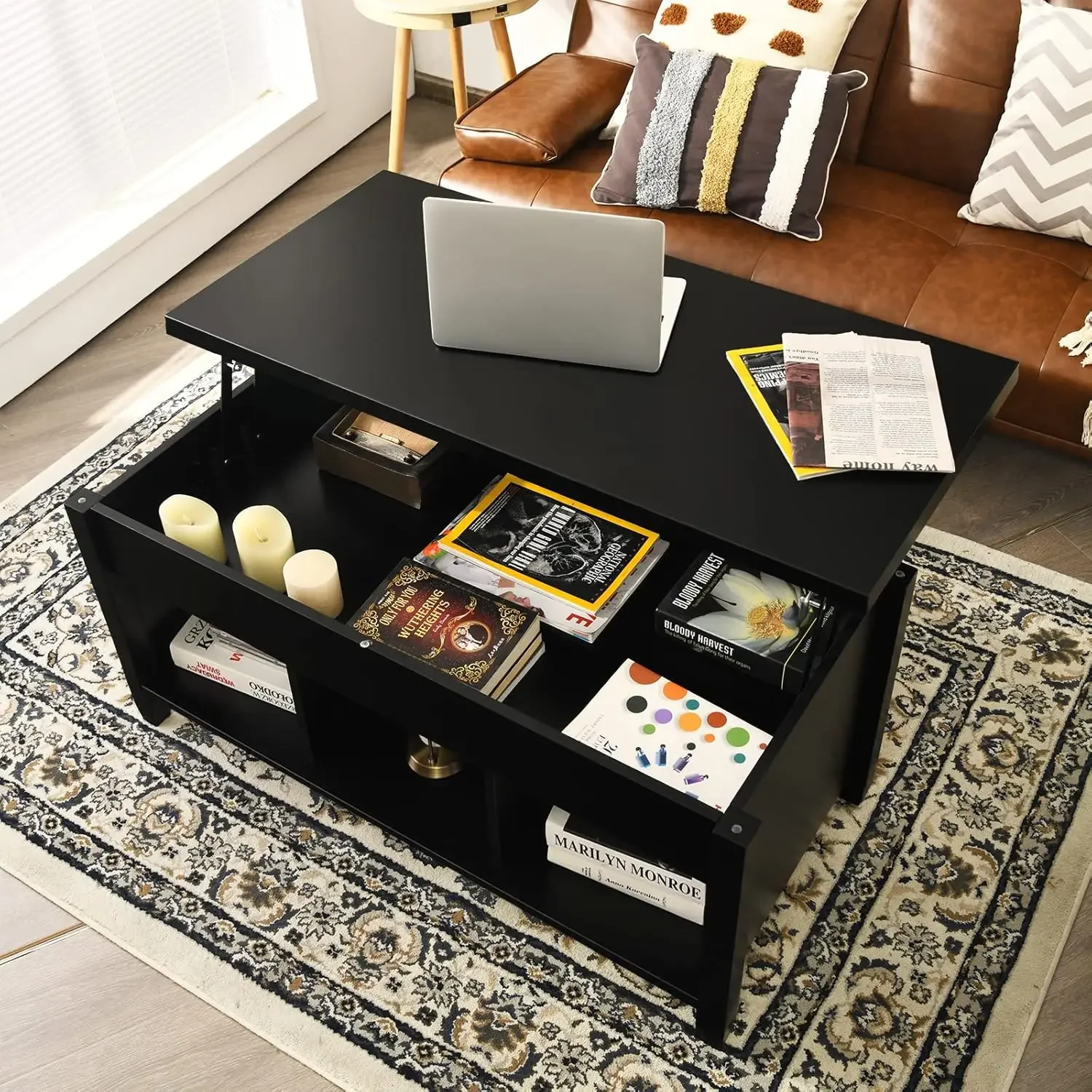 Table basse moderne avec compartiment GNE, plateau élévateur en bois, étagère de rangement ouverte, salon, bureau, salle de réception, noir