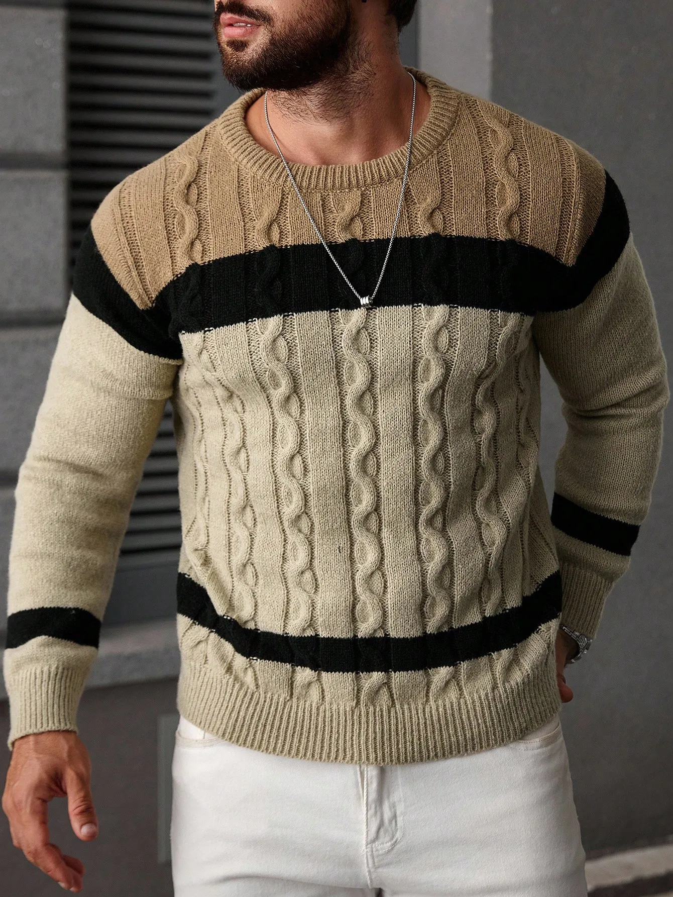 Men's Cable Knit Crew Neck Sweater with Black Stripe Detail, Casual Winter Pullover