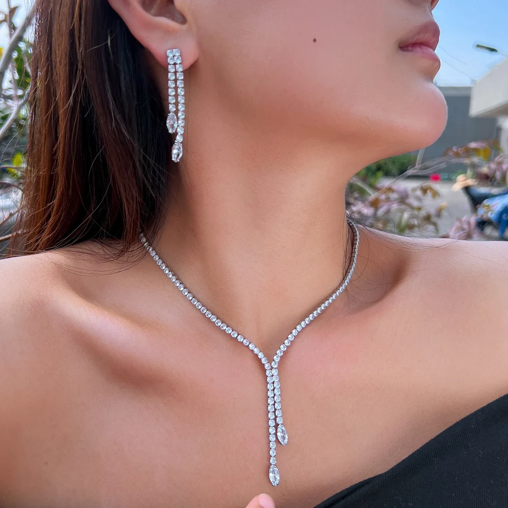 CWWZircons Bling Tassel Drop Zirconia Paved Damen Party Hochzeit Schmuckset Mode Braut Halskette und Ohrringe Großhandel T082 – Detail 2