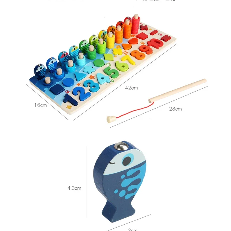 Zabawki matematyczne Montessori dla dzieci, edukacyjne drewniane puzzle, zabawki do łowienia rybek, nauka liczenia, dopasowywanie kształtów, sortowanie, gry planszowe.