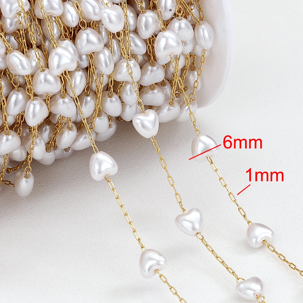 1 Meter Stainless Steel Heart Shape Pearl Beads Chain for DIY Necklace