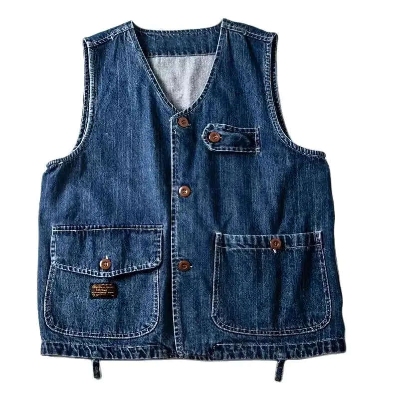 

Men Vests Men's Summer Vintage Multi-pocket Sleeveless Vest Mens Casual Cotton Denim Vests Safari Style Vest Coat Waistcoat Male