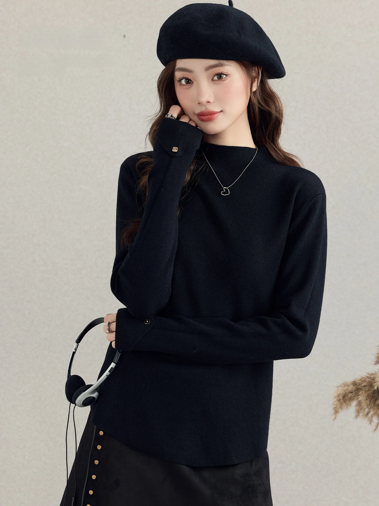 

Женская вязаная шерстяная базовая кофта с высоким воротником, мягкая, свободного кроя, с длинными рукавами, черная, толстая, трикотажная