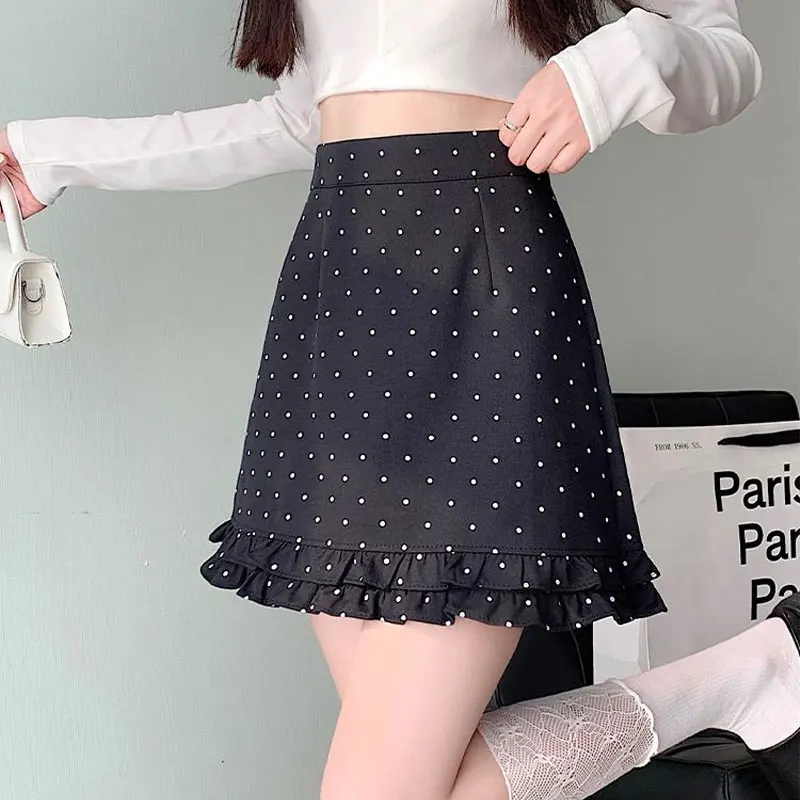 Pieghe di moda impiombate a pois mini gonne abbigliamento donna a vita alta autunno inverno a-line elegante borsa anca dolce gonne di base