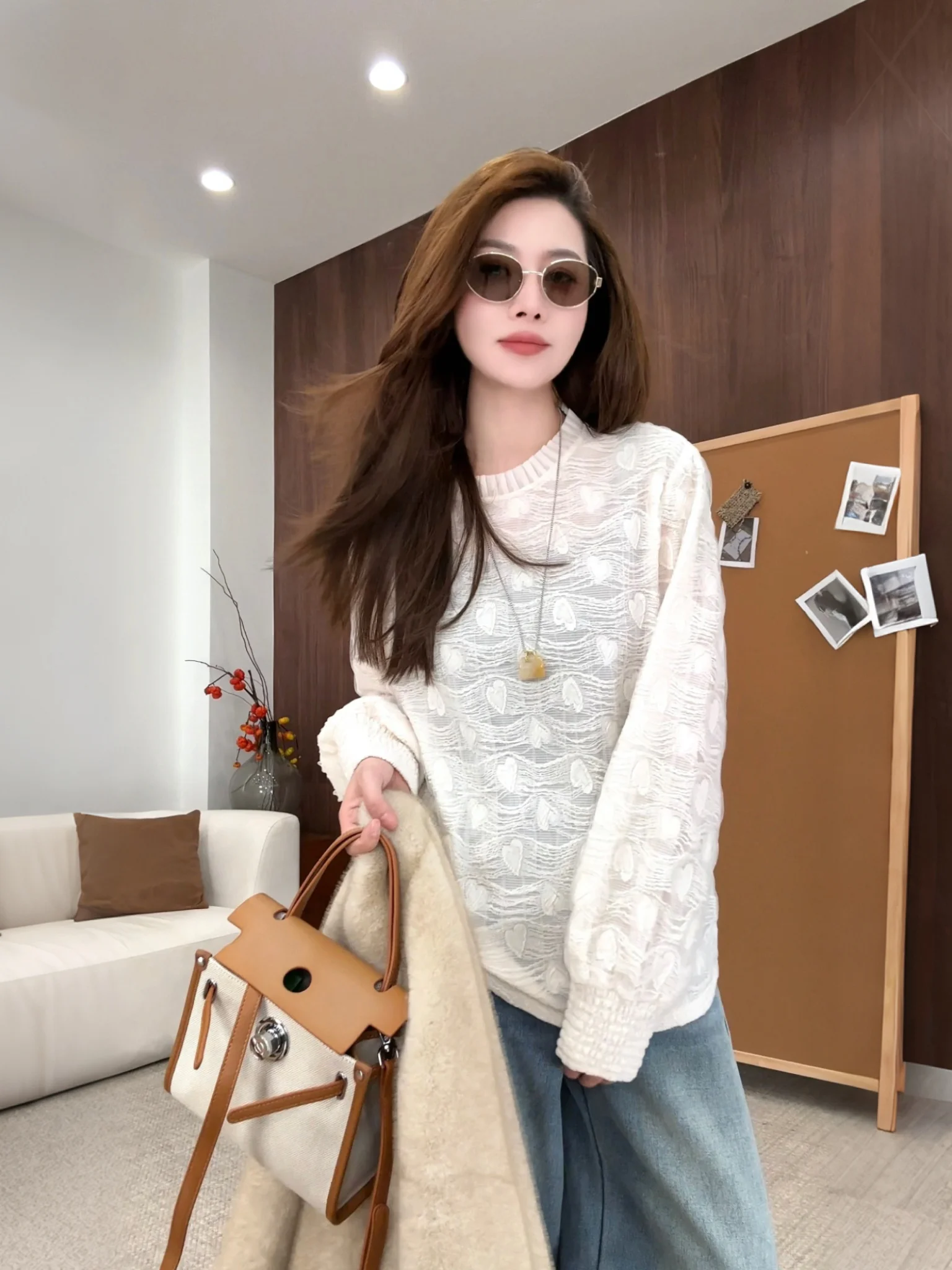 

Spring Early mat Versatile 3D Tailoring round Ne Small irt Top D64 Casual Sle Regenerated Fiber Long Sve Wom...