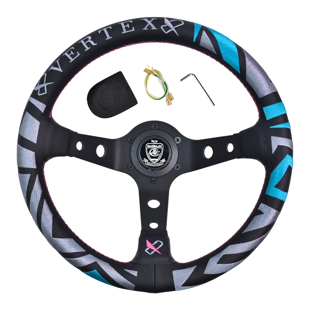 

VERTEX 6 Bolt Black And Pink Stitch Universal Racing Steering Wheel With Horn Button Cabl Wrench