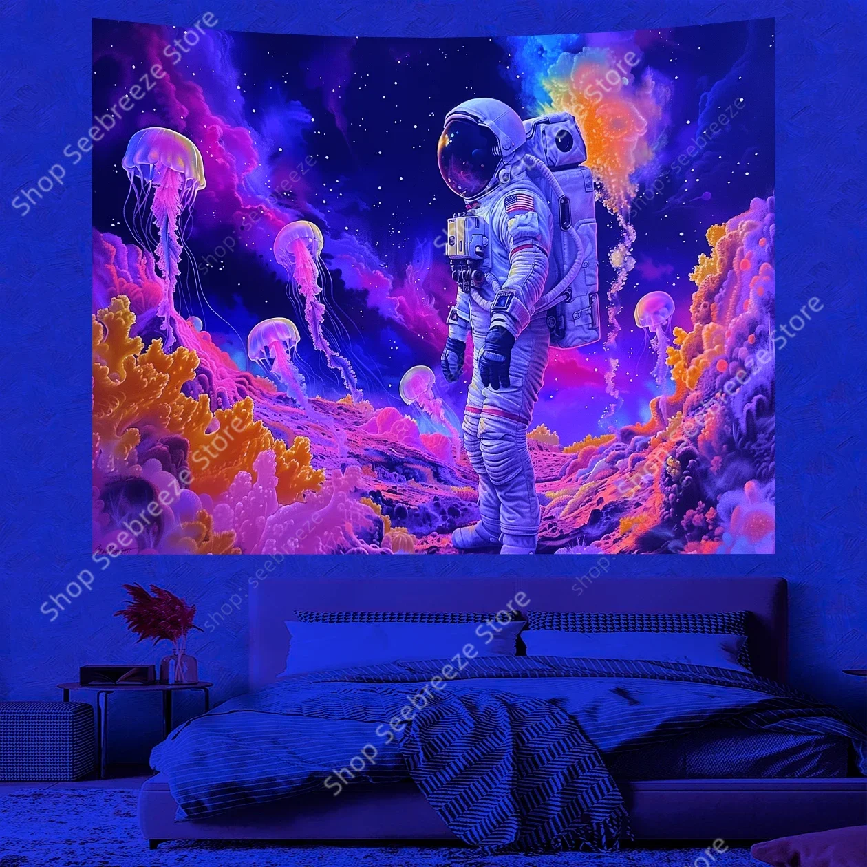 Astronaut Jellyfish UV Reactive Tapestry Bedroom Aesthetic Neon Space Galaxy Trippy Tapestry for Living Room Poster Party Decor