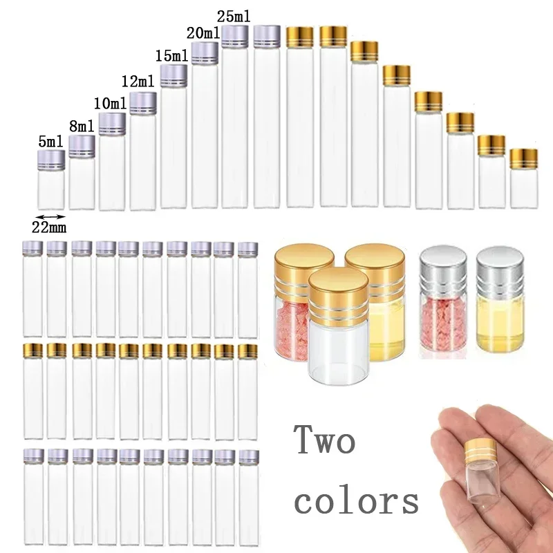 10 قطعة 5 مللي-25 مللي زجاجة مستقيمة من الزجاج الشفاف غطاء ألومنيوم صغير مسطح القاع أنبوب اختبار حاوية تخزين فارغة قابلة لإعادة الملء للحلوى